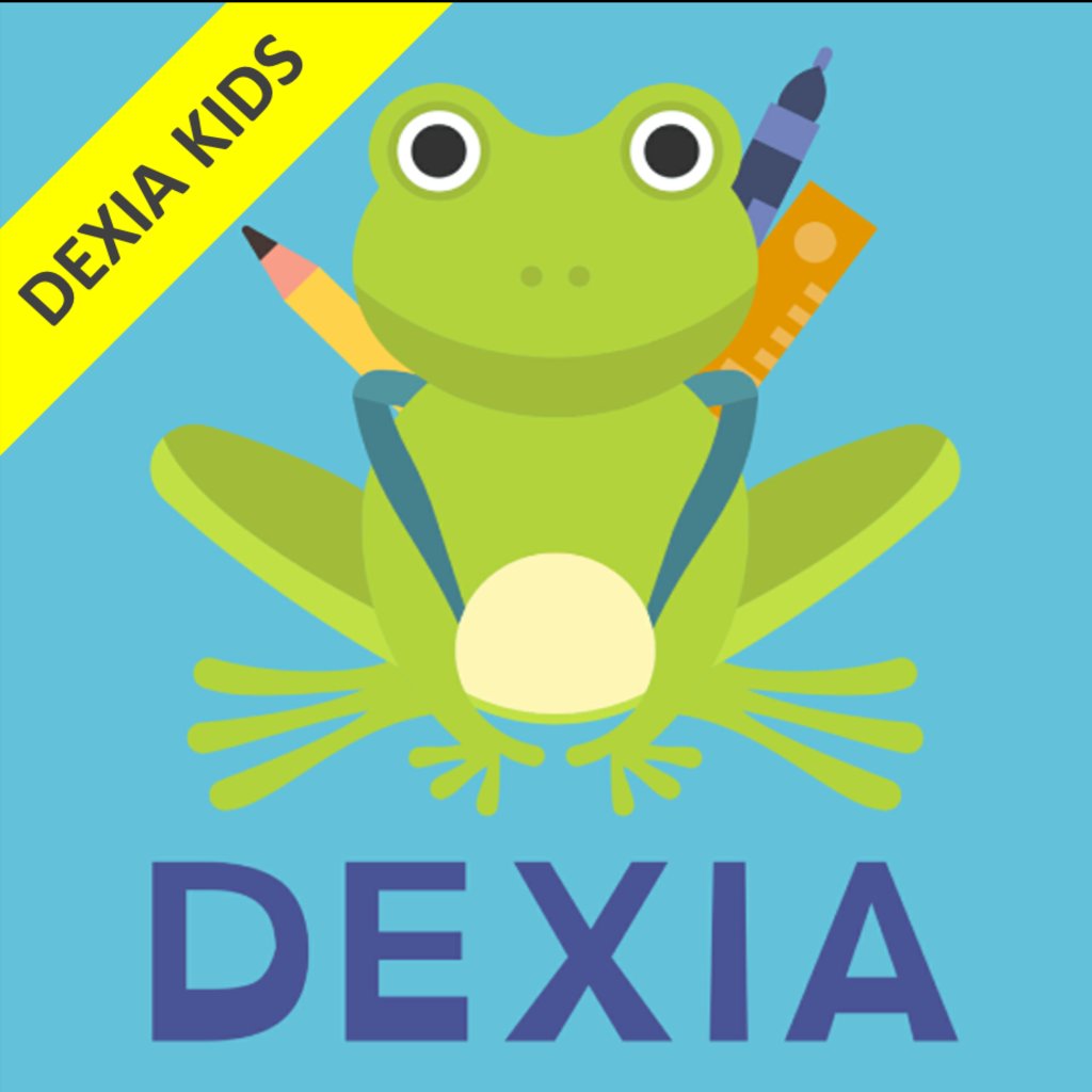 Logo de DEXIA KIDS: una ranita con mochila, lápiz y regla